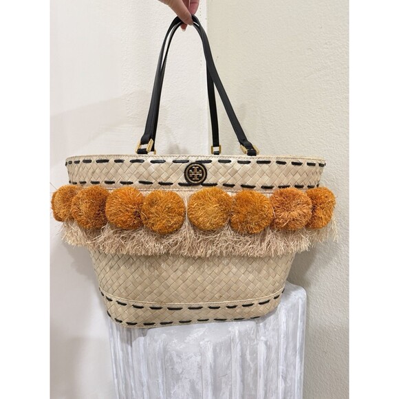 Tory Burch Handbags - Tory Burch Pom Pom Straw Beach Basket Tote Women Handbag Pre-loved